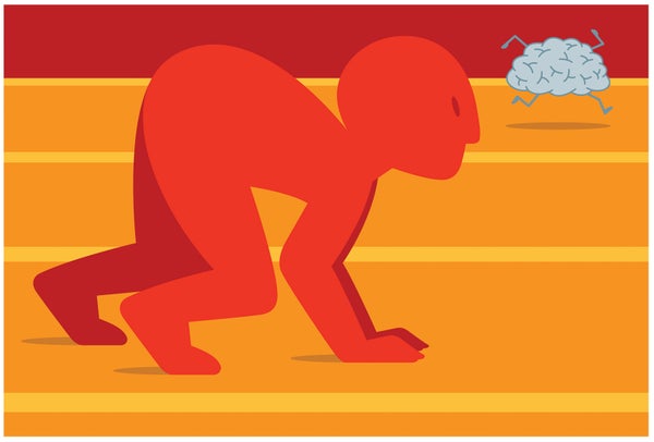 Illustration of a figure crawling while a brain runs ahead.