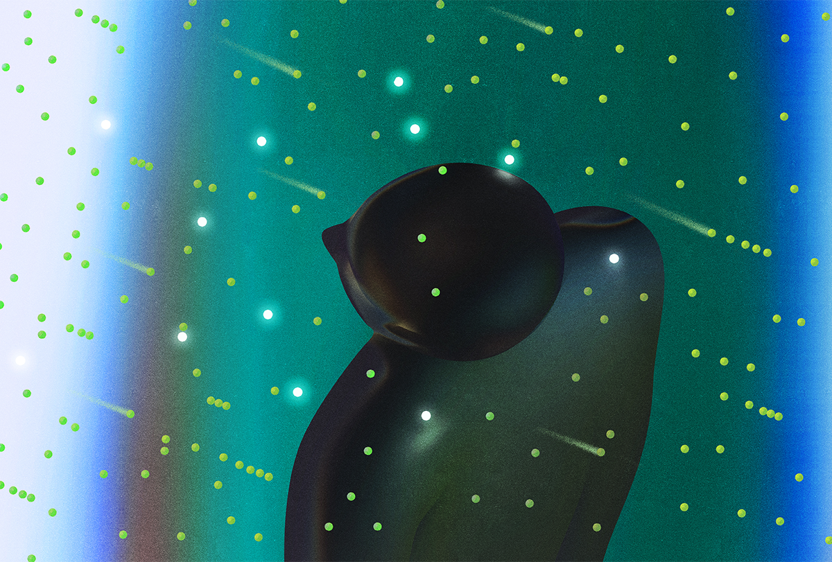 Illustration of a solitary figure moving through a field of dots.