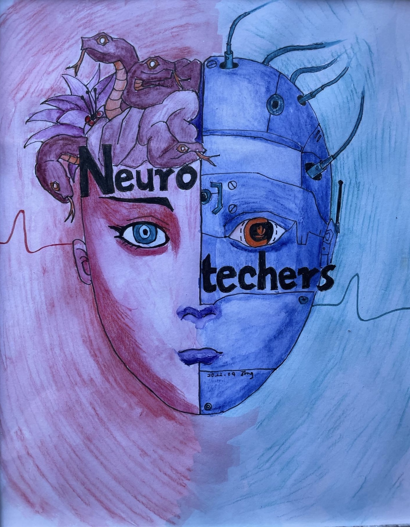 Neurotechers face illustration with a ghostly science-art style